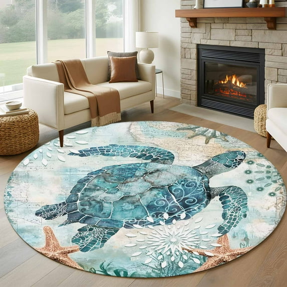 Teal Sea Turtle Coastal Round Rugs 6ft, Nautical Summer Beach Starfish Non Slip Washable Rug Runner, Low Pile Indoor Floor Carpet Mat Bathroom Rugs for Living Room, Bedroom, Kids Room