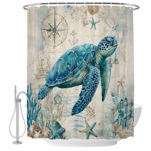 Teal Sea Turtle Coastal Shower Curtain, Waterproof Shower Curtains for Bathroom, Vintage Summer Beach Nautical Washable Fabric Bathtub Curtain Set Bath Decor with 12 Hooks 72"x78"