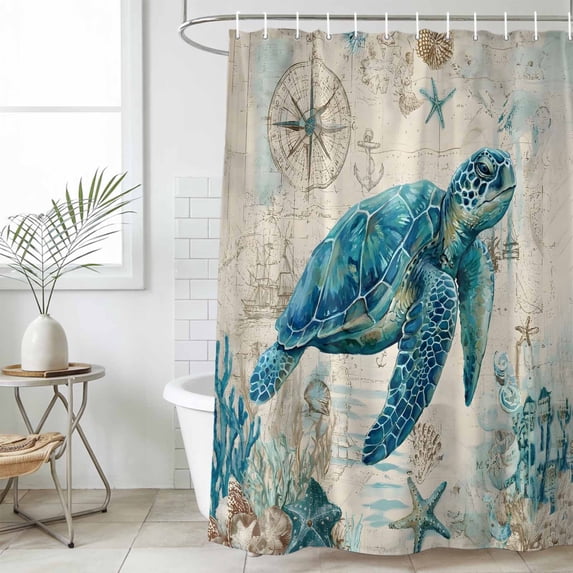Teal Sea Turtle Coastal Small Stall Shower Curtain, Waterproof Shower Curtains for Bathroom, Vintage Summer Beach Nautical Washable Fabric Bath Curtain for Bathtub Decoration with Hooks 36x78 Inches