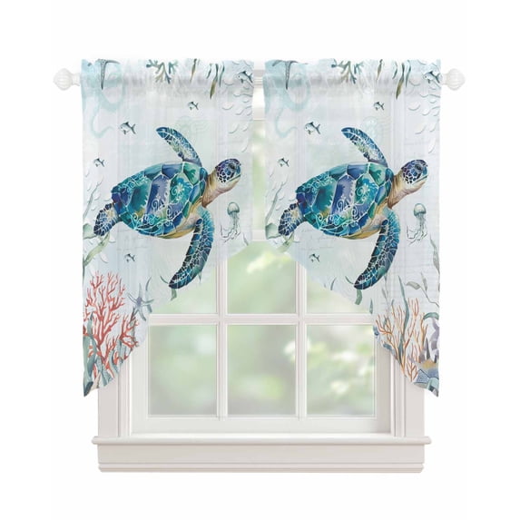 Teal Sea Turtle Coastal Swag Valances for Windows, Summer Beach Ocean Coral Rod Pocket Sheer Valances for Small Windows, Swag Toppers Light Filtering for Kitchen Living Room 2 Panels 28''x36''
