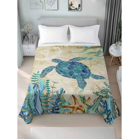 Teal Sea Turtle Coastal Twim Size Flat Sheet, Wrinkleproof & Fadeproof Cooling Flat Bed Sheet Only, Vintage Summer Beach Seaweed Breathable Soft Bedding Top Sheets 66 x 96 Inches