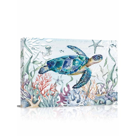 Teal Sea Turtle Coastal Wall Art for Living Room,Canvas Picture Wall Decor for Bathroom Bedroom,Summer Beach Ocean Coral Painting Artwork for Office Kitchen Hallway Dining Room Home Decor 12"x16"