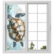 Teal Sea Turtle Coastal Window Privacy Film, Summer Beach Nautical Coral Static Cling UV Sun Blocking Heat Control Window Tint Day and Night, Non-Adhesive One Way Windows Privacy Cover 23.6x59