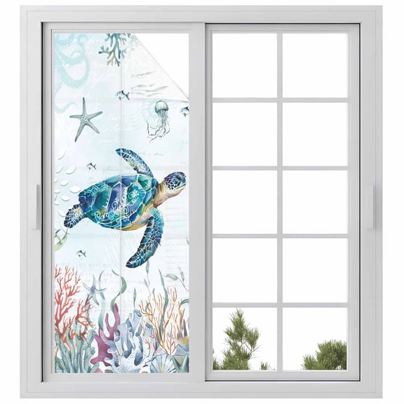 Teal Sea Turtle Coastal Window Privacy Film, Summer Beach Ocean Coral Static Cling UV Sun Blocking Heat Control Window Tint Day and Night, Non-Adhesive One Way Windows Privacy Cover 23.6''x59''