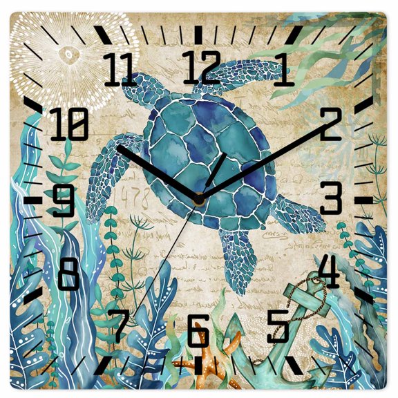 Teal Sea Turtle Coastal Wooden Wall Clock Silent Non Ticking, Vintage Summer Beach Seaweed Square Wall Clocks Battery Operated, Decor Clock for Home Office, Living Room, Kitchen, 12 Inch