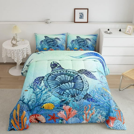 Teal Sea Turtle Comforter Set Twin Size, 3D Tortoise Reptile Bedding Sets Teens, Sea Animal Comforter Ocean Decor, Blue Green Coastal Nature Down Comforter with 1 Pillowcase