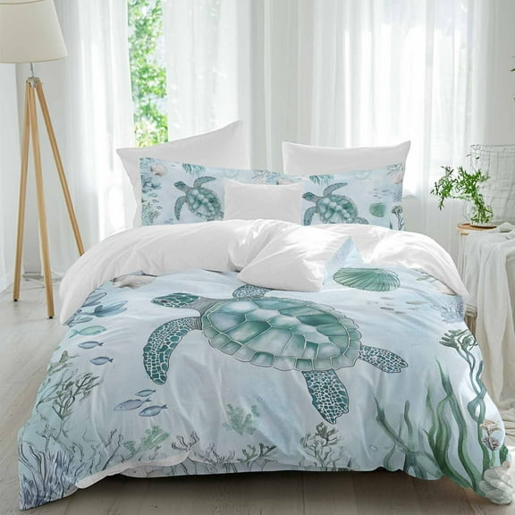 Teal Sea Turtle Duvet Cover Set King Size, Summer Shell Coral 4 Piece Soft Microfiber Bedding Set with 1 Duvet Cover, 1 Flat Sheet, 2 Pillowcases
