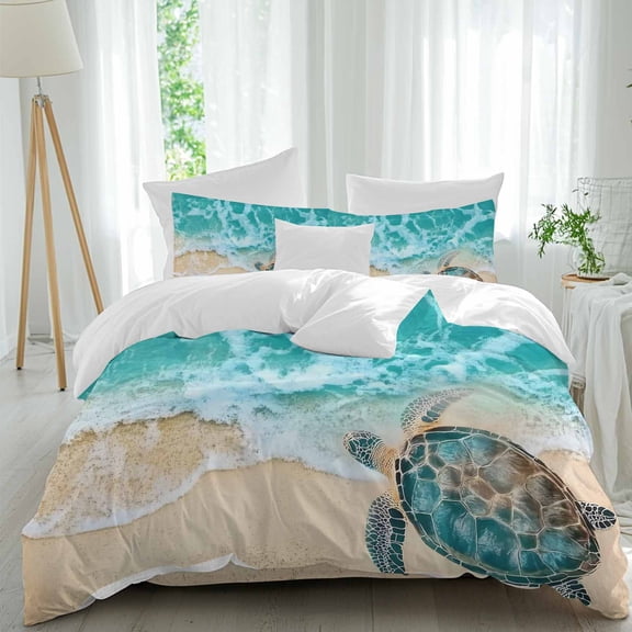 Teal Sea Turtle Duvet Cover Set Twin Size, Beach Ocean Wave 4 Piece Soft Microfiber Bedding Set with 1 Duvet Cover, 1 Flat Sheet, 2 Pillowcases