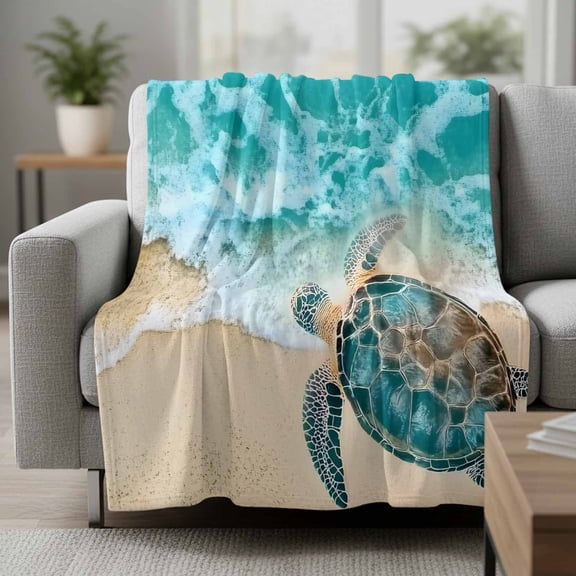Teal Sea Turtle Fleece Blanket, Beach Ocean Wave Summer Coastal Ultra Soft Warm Throw Blanket Lightweight Plush Bed Blanket, Home Decor Throws for Couch Bed Sofa, 30x40 inches