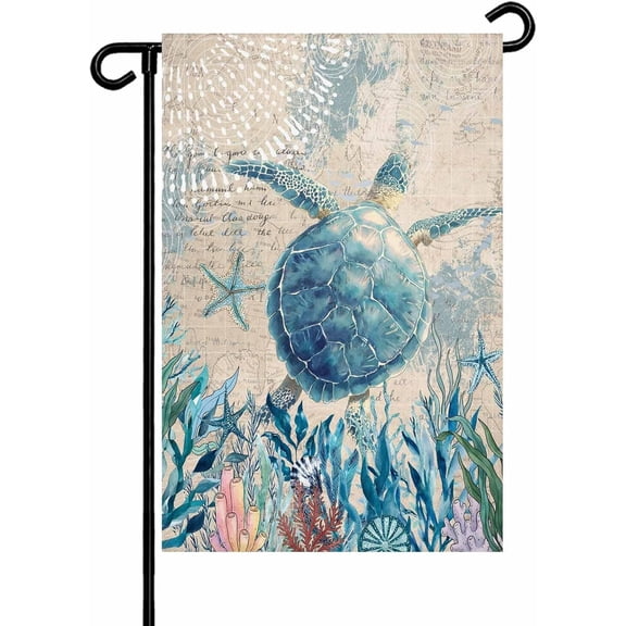 Teal Sea Turtle Garden Flag 12x 18 Double Side, Coastal Summer Beach Coral Seaweed Vintage Garden Flags Outside House Flag Banner Welcome Yard Flag for Holiday Party Outdoor Decorations All Seasons