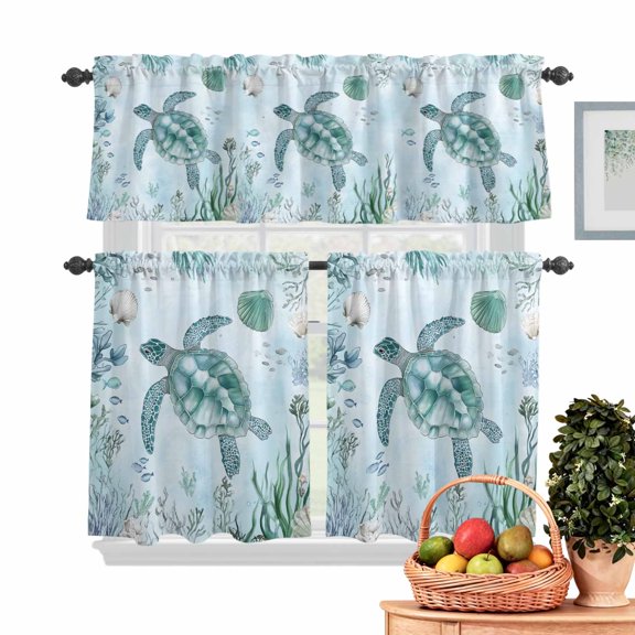 Teal Sea Turtle Kitchen Curtains Valances 3 Piece Set, Summer Shell Coral Rod Pocket Tier Curtain and Valance Drapes for Small Window 24 Inch Length for Bedroom Cafe