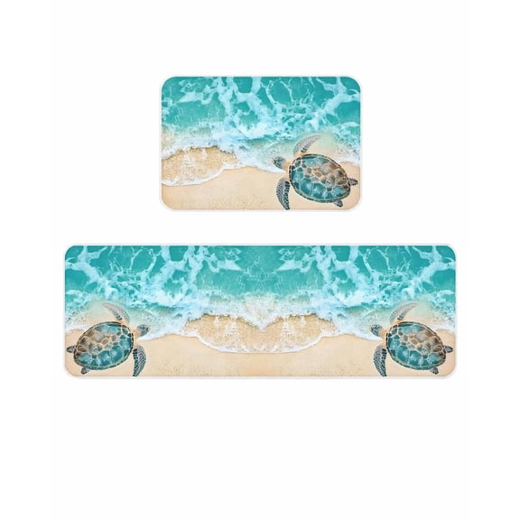Teal Sea Turtle Kitchen Mats for Floor 2 Piece, Beach Ocean Wave Summer Coastal Absorbent Non-Slip Kitchen Rugs Comfort Standing Mat for Laundry, Hallways 20"x24"+20"x48"