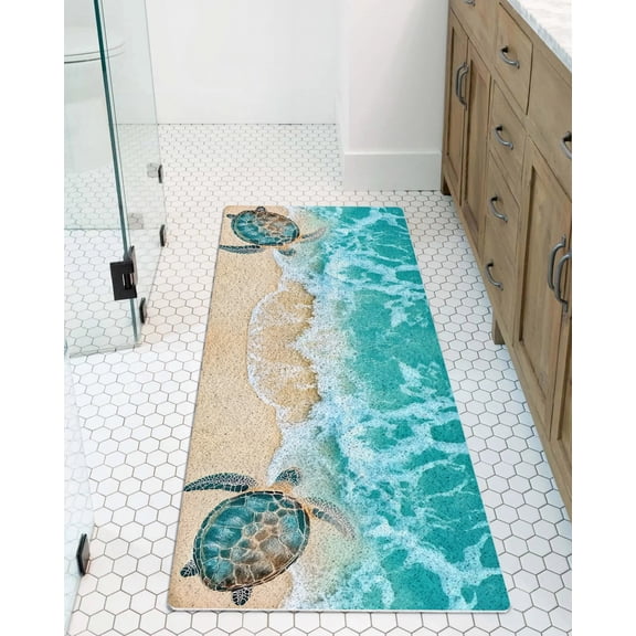 Teal Sea Turtle Non-Slip Bathtub Mat, Beach Ocean Wave Summer Coastal PVC Bath Mat for Tub Quick Drying Shower Mats for Inside Shower, Foot Scrubber Loofah Bathroom Mats 47x16 Inches