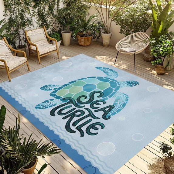 Teal Sea Turtle Outdoor Rug for Patio/Deck/Porch, Non-Slip Large Area Rug 4 x 6 Ft, Coastal Ocean Summer Ocean Waves Indoor Outdoor Rugs Washable Area Rugs, Reversible Camping Rug Carpet Runner