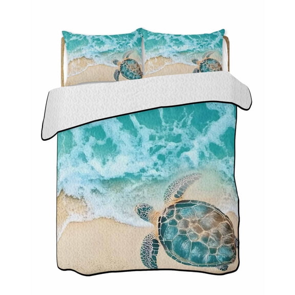 Teal Sea Turtle Quilts Bedding Set California King Beach Ocean Wave Lightweight Quilted Bedspread 3 Piece Bed Quilt with 2 Pillow Shams All Season for Bedroom 96" x 106"