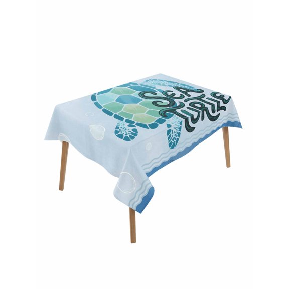 Teal Sea Turtle Rectangle Tablecloth, Coastal Ocean Summer Ocean Waves Waterproof & StainResistant Tablecloth, Washable Oil-proof Table Cover for Dining/Party/Wedding/Camping/Buffet 52x70 In