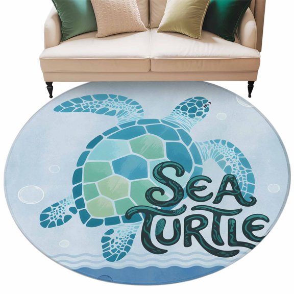 Teal Sea Turtle Round Area Rugs Collection 7', Coastal Ocean Summer Ocean Waves Non Slip Indoor Circular Throw Runner Rug Floor Mat Carpet for Living Room Dining Table Bedroom Nursery
