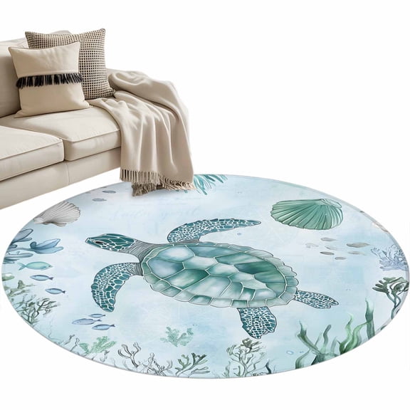 Teal Sea Turtle Round Area&nbsp;Rug 3ft Summer Shell Coral Non-Slip&nbsp;Washable Circle Rugs Soft Felt Indoor Floor Mat for Bedroom Kitchen Living Room Bathroom