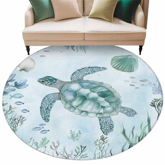 Teal Sea Turtle Round Area Rug 5ft Summer Shell Coral Non-Slip Washable Circle Rugs Soft Felt Indoor Floor Mat for Bedroom Kitchen Living Room Bathroom