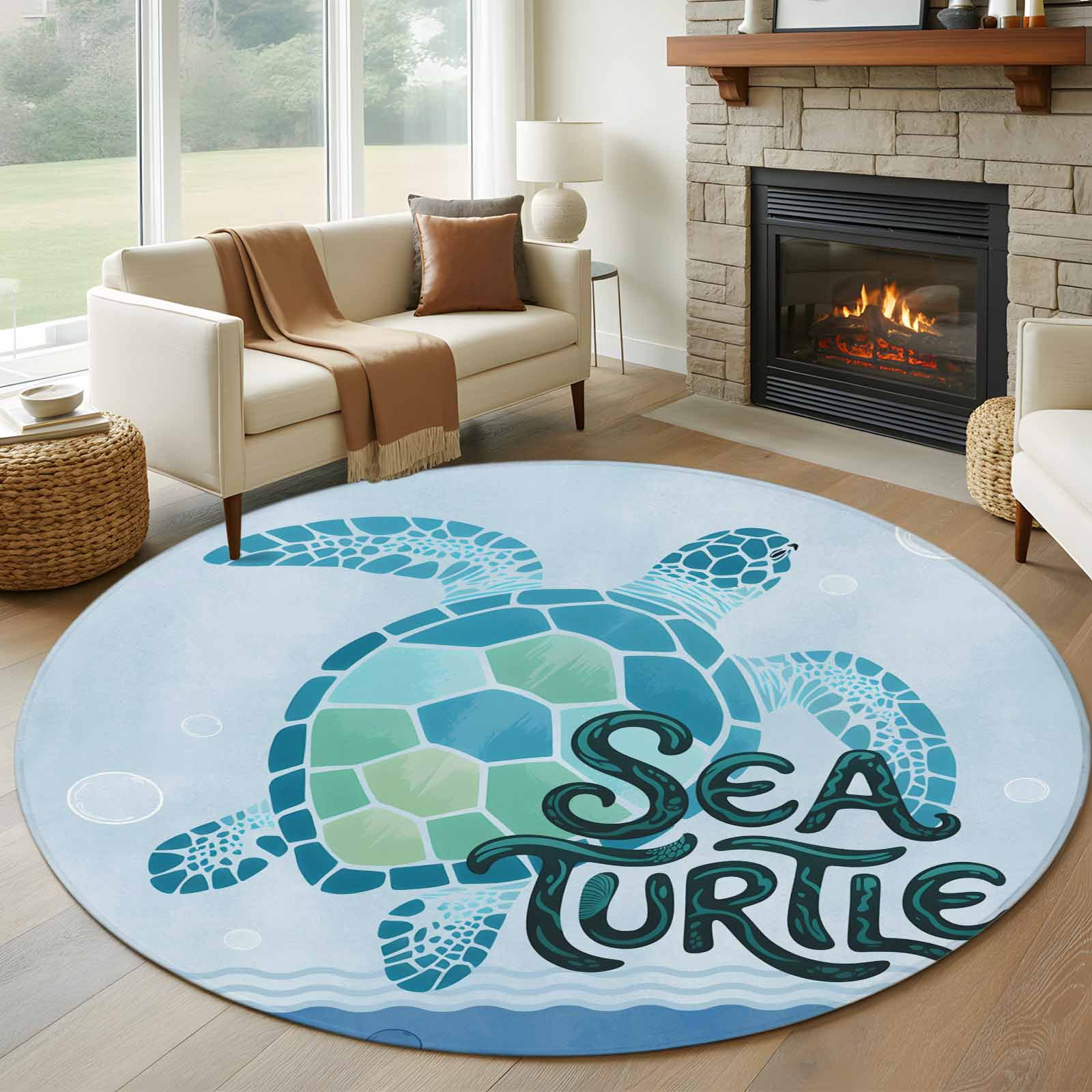 Teal Sea Turtle Round Rug 8ft Washable Circle Rugs Non Slip Coastal ...