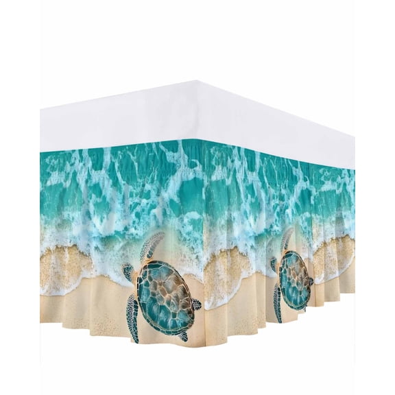 Teal Sea Turtle Ruffle Bed Skirt Queen Size Beach Ocean Wave Adjustable Elastic Dust Bed Skirts Wrap Around Bedskirt Wrinkle Free Easy Fit with 16 Inch Drop