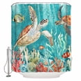 thumbnail image 1 of Teal Sea Turtle Shower Curtain, 48" x 72", Retro Ocean Fish Seashell Coral Nautical Waterproof Bathroom Curtain Washable Shower Curtain Set with 12 Hooks, 1 of 6