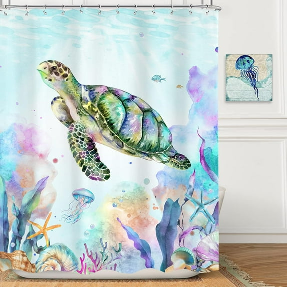 Teal Sea Turtle Shower Curtain 72Wx72H Inch Colorful Beach Nautical Ocean Coastal Jellyfish Starfish Seashell Coral Kids with 12 Plastic Hooks Fabric Waterproof Toilet Accessories Decor