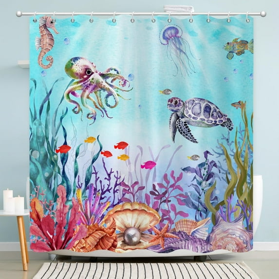 Teal Sea Turtle Shower Curtain, Watercolor Colorful Sea Turtles Jellyfish Octopus Fish Ocean Beach Coastal Bath Curtain Waterproof Fabric Machine Washable with Hooks, 36" Wx72 L
