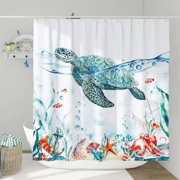 Teal Sea Turtle Shower Curtains for Bathroom Cool Fun Ocean Nautical Shower Curtain Beach Coastal Bathroom Decor Polyester Fabric-72" x 72"