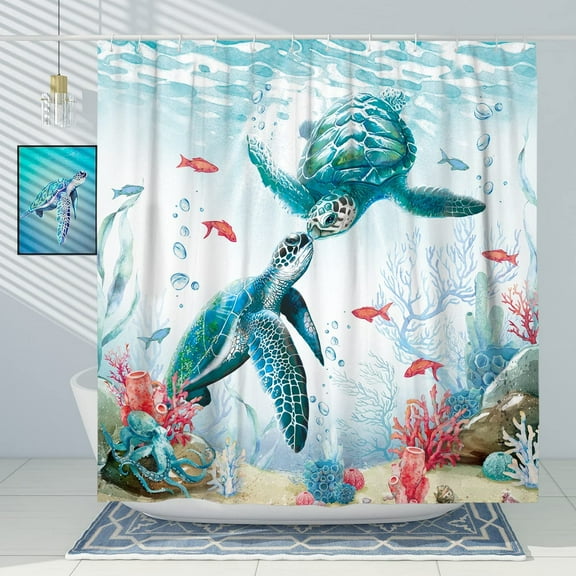 Teal Sea Turtle Shower Curtains for Bathroom Cool Fun Ocean Nautical Shower Curtain Beach Coastal Bathroom Decor Polyester Fabric-72" x 72"