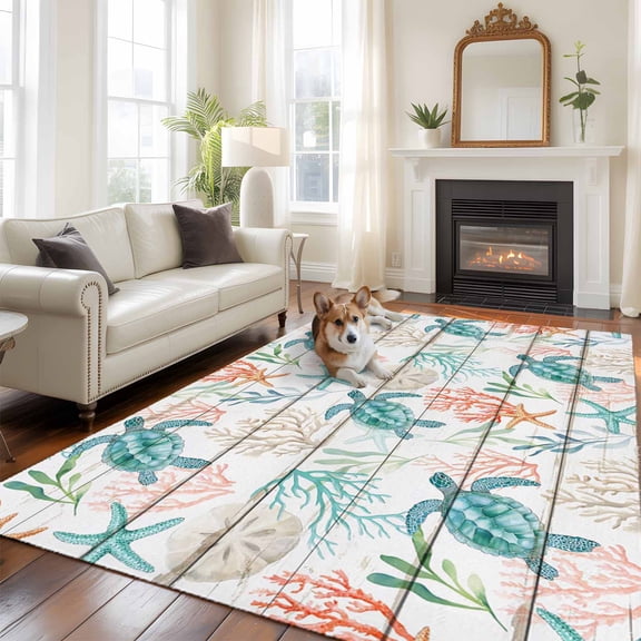 Teal Sea Turtle Starfish 5x8 Rug for Bedroom Under Queen Bed Placement, Summer Beach Coral Shell Board Washable Non Slip Large Rectangle Area Rug