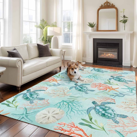 Teal Sea Turtle Starfish Area Rugs 5x7 ft Summer Beach Coral Shell Blue Washable Rug Non Slip Indoor Carpet Absorbent Floor Mat for Living Room Bedroom Dining Room