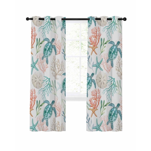Teal Sea Turtle Starfish Blackout Curtains for Bedroom Living Room, Summer Beach Coral Shell Watercolor 45 In Long Thermal Insulated Room Darkening Drapes Grommet Window Treatments, 52 x 45 In