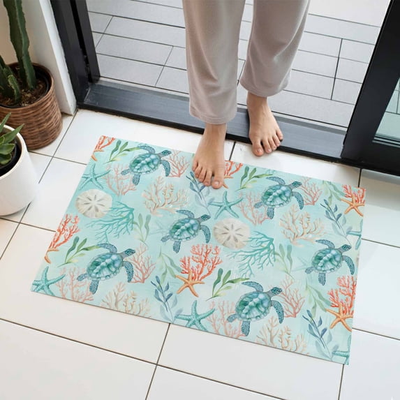 Teal Sea Turtle Starfish Indoor Door Mat 20x31.5 Inch Summer Beach Coral Shell Blue Front Door Mat Non Slip Washable Entryway Rug Low Profile Dirt Trapper Doormat for Bathroom Kitchen Bedroom