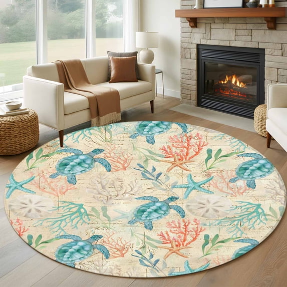 Teal Sea Turtle Starfish Round Living Room Rugs 7 ft, Summer Beach Coral Shell Vintage Washable Area Rug with Non-Slip Sturdy Edge Binding Round Carpet for Kitchen Office Bedroom
