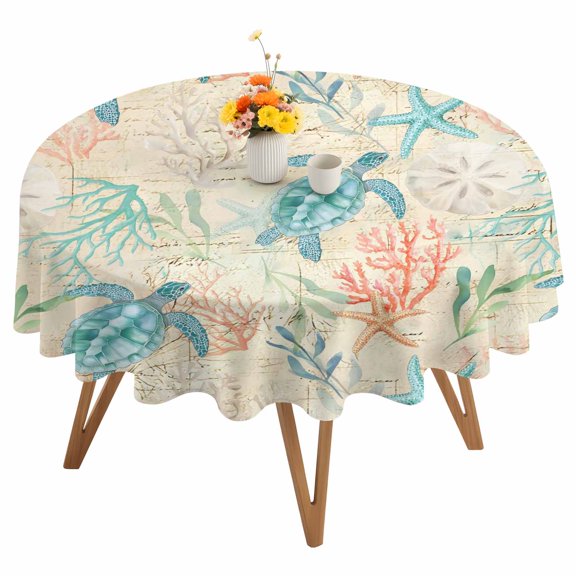 Teal Sea Turtle Starfish Round Tablecloth 54 inches Summer Beach Coral Shell Vintage Waterproof Oil-Proof Table Cloth Round Table Cover for Holiday Party Picnic Dinner Decor Indoor and Outdoor Use