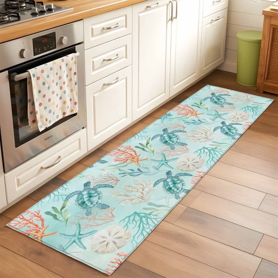 Teal Sea Turtle Starfish Runner Rugs 2x6 ft Summer Beach Coral Shell Blue Washable Hallway Rugs Non-Slip Floor Mats Absorbent Carpet Bedside Runners for Bedroom Kitchen Bathroom Laundry Room