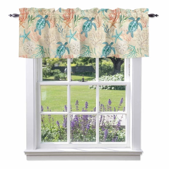 Teal Sea Turtle Starfish Valance Curtain Summer Beach Coral Shell Vintage Window Valances Rod Pocket Short Curtains Window Treatments for Kitchen Bedroom Bathroom Laundry 60" x 14"