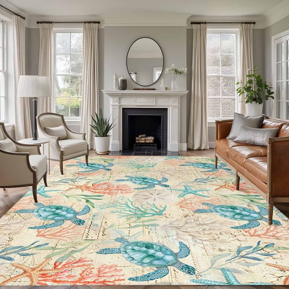 Teal Sea Turtle Starfish Washable Living Room Rugs 5'x7', Summer Beach Coral Shell Vintage Low Pile Throw Large Area Rugs Non-Slip Sturdy Edge Binding Carpet for Dining Room Bedside Kitchen