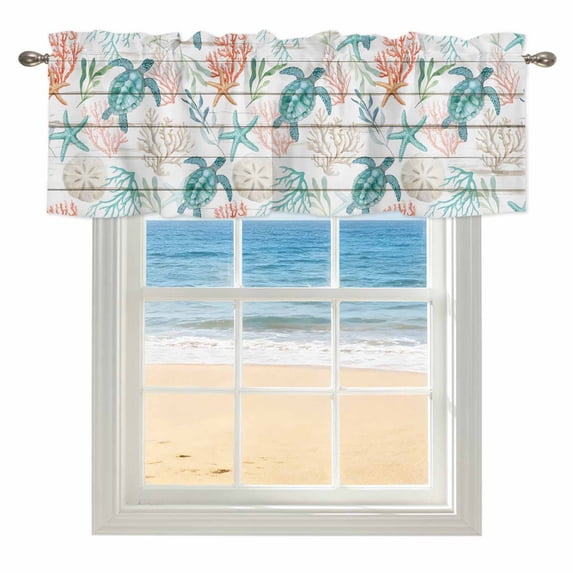 Teal Sea Turtle Starfish Window Valance for Kitchen, Summer Beach Coral Shell Board Rod Pocket Short Curtain for Small Windows, Light Filtering Decorative Valance, 54 x 18 Inch