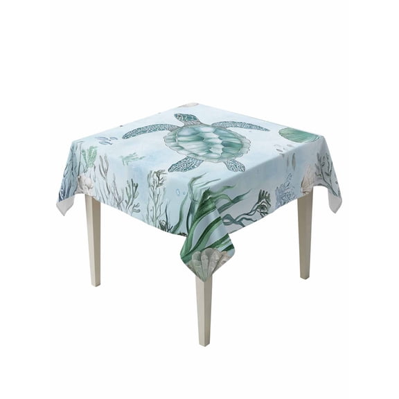Teal Sea Turtle Table Cloth 54x54 Inch Square, Summer Shell Coral Watercolor Nautical Waterproof Tablecloth Washable Table Cover for Party Picnic Dinner Decor