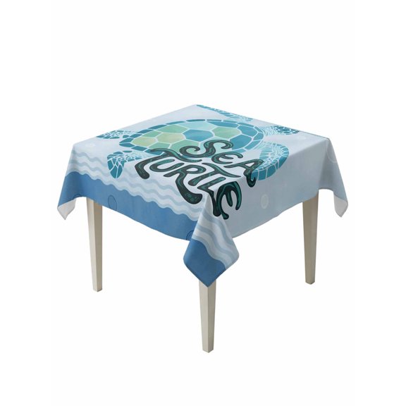 Teal Sea Turtle Table Cloth, Waterproof Tablecloth for Square Tables, Coastal Ocean Summer Ocean Waves Reusable Washable Fabric Table Cover for Restaurant Kitchen Dining Tables 54"x54"