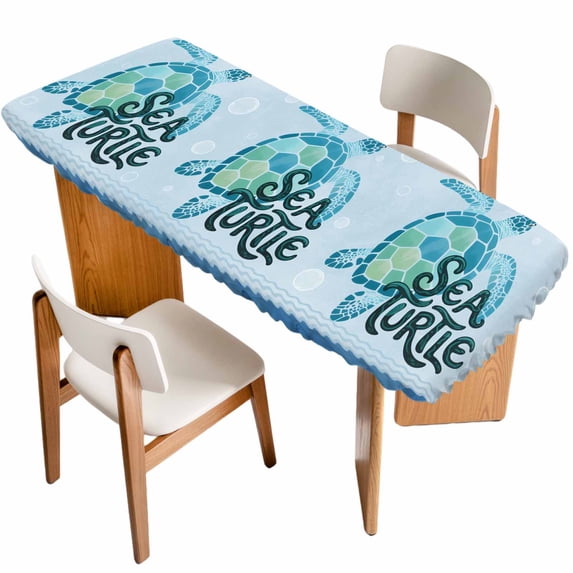 Teal Sea Turtle Table Cloths for 8 Foot Rectangle Tables, Coastal Ocean Summer Ocean Waves Patio Waterproof Elastic Fitted Tablecloths, Washable Rectangular Table Cover for Camping