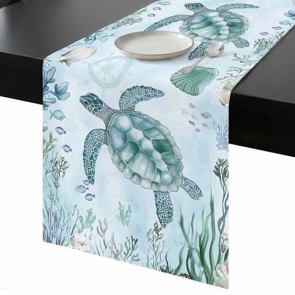 Teal Sea Turtle Table Runner 13x36 Inch Summer Shell Coral Watercolor Nautical Table Runner Non-Slip Dresser Scarves for Holiday Decorations, Party, Dinner and Gatherings, 1 Pack
