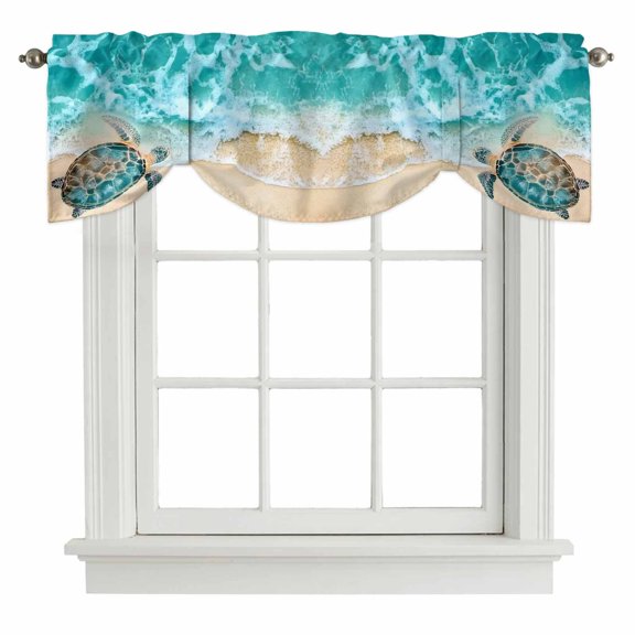 Teal Sea Turtle Tie Up Window Valance Beach Ocean Wave Summer Coastal Tie-up Valance for Kitchen Windows Adjustable Small Curtain Balloon Shades for Kitchen Bathroom Cafe 42x12inch