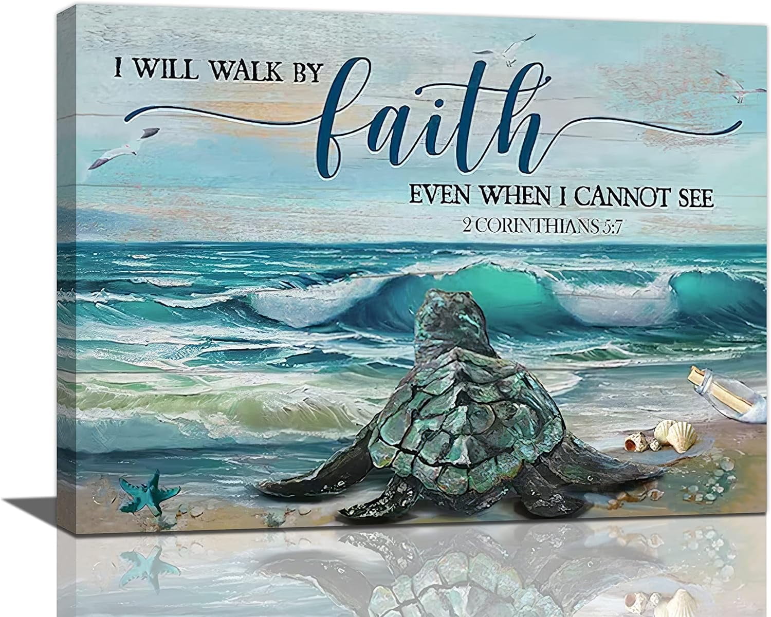 Teal Sea Turtle Wall Art Beach Ocean Bible Coast Walk by Faith Pictures  Wall Decor Scripture Quotes Canvas Painting Print Artwork Modern Home Decor  Framed for Living room Bedroom Bathroom 16\, image size:1500x1201