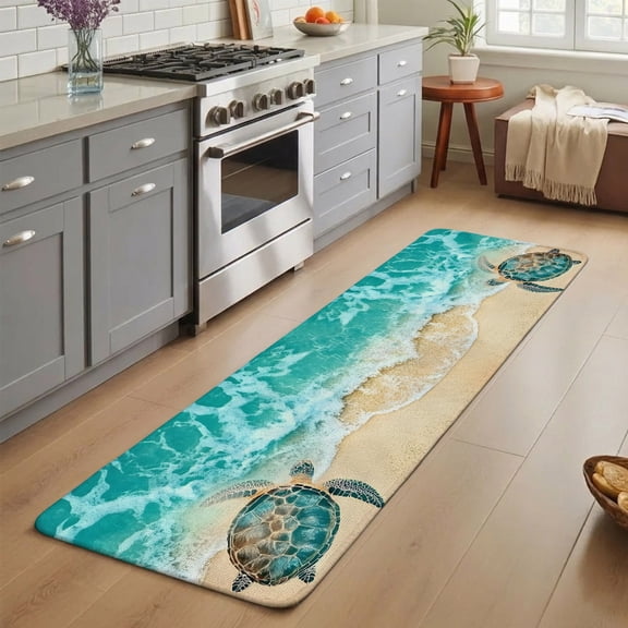 Teal Sea Turtle Washable Runner Rug 3X5 ft Beach Ocean Wave Summer Coastal Non-Slip Hallway Runner Rug, Linen Kitchen Runner Mats, Indoor Floor Carpet for Entryway Bathroom Bedroom Living Room