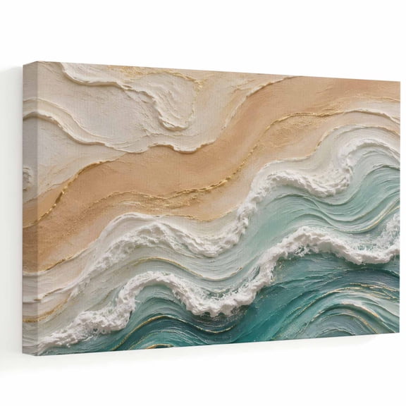 Teal Sea Waves Canvas Wall Art, Coastal Beach Abstract Beige Green Oil Painting Wall Art Prints Artwork Framed Canvas Ready to Hang Art Pictures for Bathroom, Dressing Table, Entryway 12" x 8"