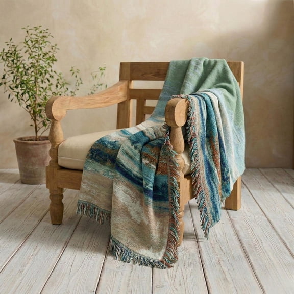 Teal, Seafoam Green, Cream and Rust Mottled Stripes Woven Throw Blanket, 100% Cotton, for Sofa or Chair