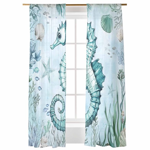 Teal Seahorse Sheer Curtains 2 Panels Set, Summer Shell Coral Window Sheer Curtains for Living Room/Bedroom, Watercolor Nautical Light Filtering Rod Pocket Voile Drapes, 52" W x 96" L